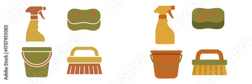 Essential household cleaning tools and hygiene products set with spray bottles, sponges, buckets, and brushes for domestic use and sanitation