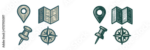 Collection of vintage style navigation icons featuring map pin, folded map, pushpin, and compass rose for travel and location themes