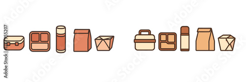 Assortment of modern lunchboxes, food storage containers, insulated thermoses, and disposable takeout packaging for meals