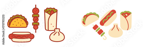Diverse selection of common fast food and international cuisine items such as tacos, hot dogs, kebabs, wraps, and dumplings