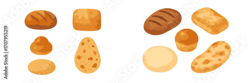 Variety of freshly baked bread and pastry items, including loaves, rolls, and flatbreads, showcasing different shapes and golden brown textures on a white background