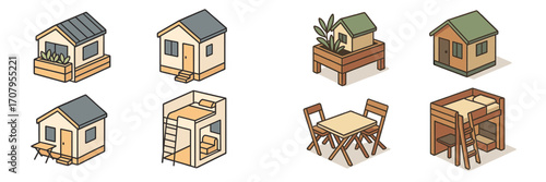 Isometric collection of tiny houses, small homes, and compact furniture designs for minimalist living spaces and efficient dwelling