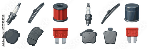 Automotive spare parts collection including spark plugs, wiper blades, oil filters, air filters, brake pads, and fuses