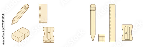 Essential school and office supplies such as pencils, rulers, erasers, and sharpeners arranged on a clean white background