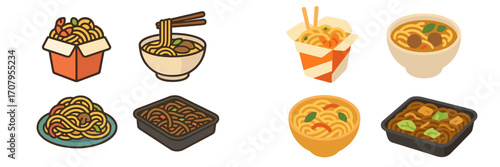 Collection of various Asian noodle dishes including ramen, chow mein, and takeout boxes with chopsticks