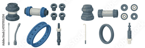 Bicycle spare parts collection for repair and maintenance including headset, bottom bracket, and hub components