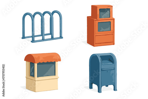 Essential city street objects including bicycle parking rack, newspaper dispenser, outdoor booth, and public mailbox