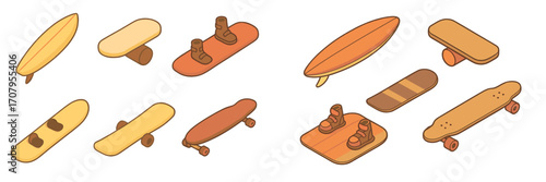 Isometric surfboards, skateboards, snowboards, and balance boards for extreme sports and outdoor recreation activities