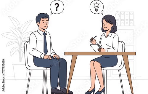 Business interview illustration, office meeting vector, HR recruitment conversation, corporate discussion scene, job interview concept, workplace communication cartoon