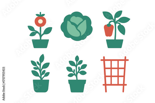 Potted garden vegetables and essential tools for planting and growing, including tomato, cabbage, pepper, and trellis