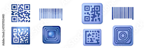 Blue QR codes and traditional barcodes for digital data scanning, product identification, and mobile technology