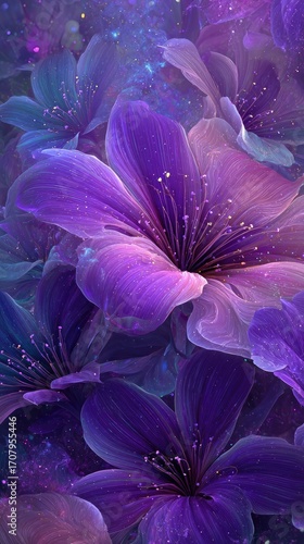 Dreamlike close-up of luminous purple flowers, ethereal glow, subtle sparkle, soft focus, delicate petals