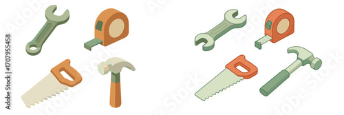 Isometric hand tools collection with wrench, tape measure, saw, and hammer for repair and building projects