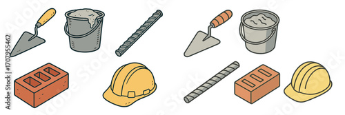 Isometric construction tools and building materials set with trowel, cement bucket, rebar, brick, and hard hat