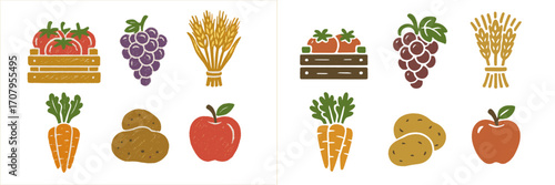 Harvested fresh farm produce collection featuring ripe tomatoes, grapes, wheat, carrots, potatoes, and apples