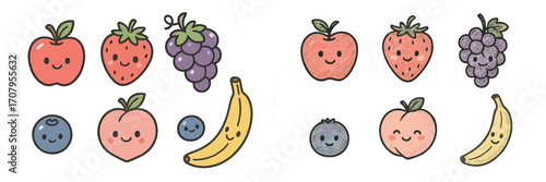 Adorable smiling fresh fruits collection featuring apple, strawberry, grapes, peach, blueberry, and banana characters on white background
