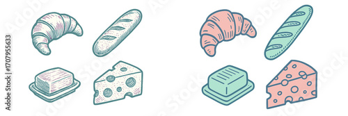 Variety of popular European breakfast staples and dairy products featuring freshly baked croissants, long baguettes, creamy butter, and delicious cheese