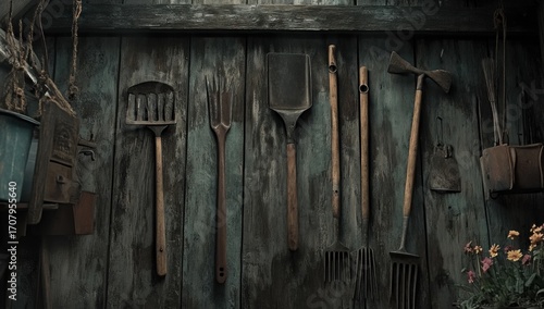 Vintage garden tools hang on weathered wooden wall, rustic charm, country life
