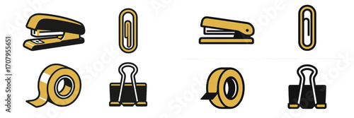 Comprehensive collection of essential office stationery items including staplers, paper clips, adhesive tape, and binder clips for professional use