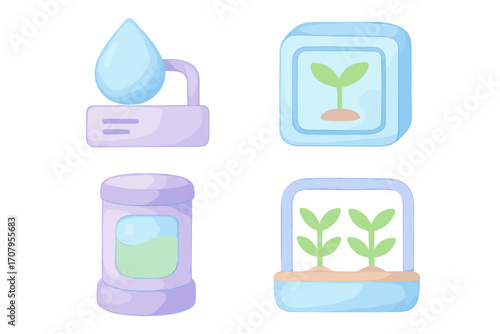 Sustainable agriculture and smart farming concepts featuring essential elements like plant growth, water supply, and nutrient solutions represented by modern icons