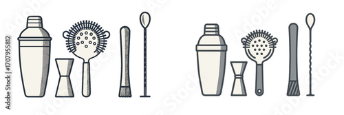 Modern collection of essential bar tools for crafting cocktails and mixed drinks, featuring shaker, jigger, strainer, muddler, and bar spoon