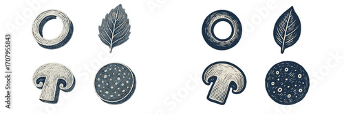 Stylized food ingredients set with olives, basil, mushrooms, and pepperoni slices in a distressed texture
