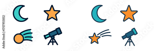 Modern astronomy and space themed collection of celestial bodies and observational equipment including moon, stars, comet, and telescope