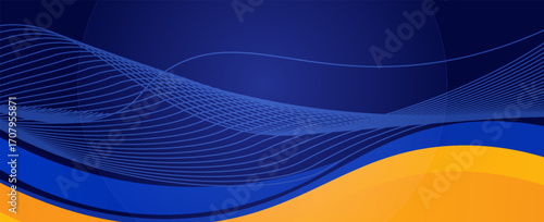 Abstract blue and yellow wave wide background banner curve element with line blue pettern space for text and message design, overlapping layers. vector