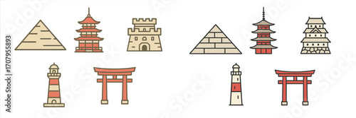 Diverse collection of famous world landmarks and travel destination symbols in a modern outline style for global travel
