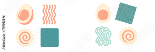 Collection of essential Asian cuisine ingredients: egg, noodles, narutomaki, and nori, perfect for culinary designs