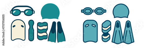 Essential swimming equipment collection featuring goggles swim cap kickboard pull buoy and fins for aquatic training