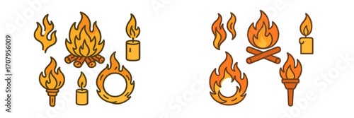 Collection of stylized fire elements including campfires, burning candles, and torches with various flame shapes