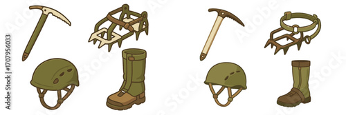 Essential mountaineering and ice climbing equipment collection for alpine expeditions and winter sports activities