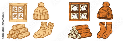 Cozy winter home collection featuring knitted hats, warm socks, stacked firewood logs, and frosty windows