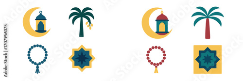 Stylized Islamic religious symbols and Ramadan celebration elements featuring cultural motifs and prayer beads
