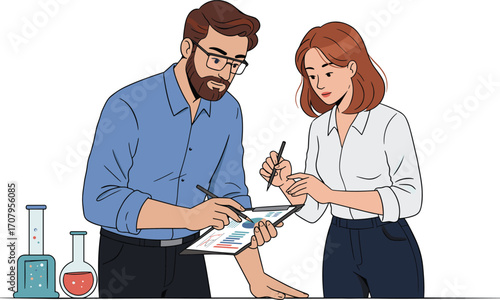 Two scientists collaborating on digital tablet, analyzing data charts and graphs, teamwork in laboratory research, chemistry experiment discussion