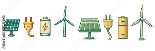 Sustainable energy with solar panels, wind turbines, electric plugs, and batteries for green power generation