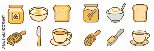 Assortment of breakfast food and drink items including honey, bread, cereal, and coffee for a morning meal