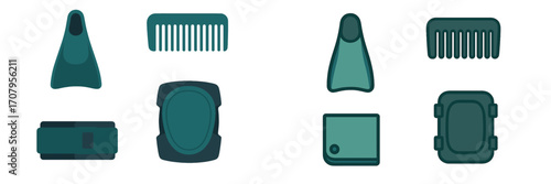 Collection of personal care items and protective sports gear including comb, swim fin, and knee pad