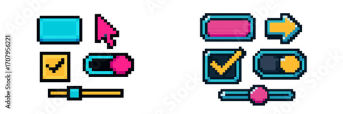 Vibrant pixel art user interface elements for retro gaming, web design, and interactive digital applications