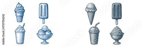 Assortment of classic frozen desserts including ice cream cones, popsicles, and sundaes in a vintage engraved style