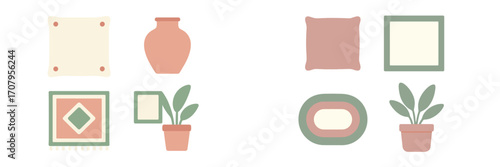 Modern minimalist home decor elements with cushions, rugs, potted plants, and ceramic vase