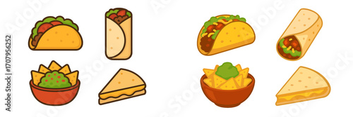 Traditional Mexican food items presented in a vibrant flat design style, featuring a taco, burrito, nachos with guacamole, and a cheesy quesadilla