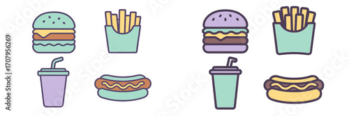 Assortment of popular fast food meal icons featuring cheeseburgers, french fries, hot dogs, and refreshing beverages