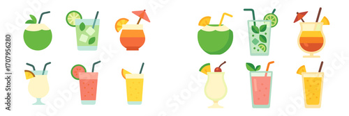 Vibrant set of refreshing summer cocktails and tropical drinks with fruit garnishes and drinking straws