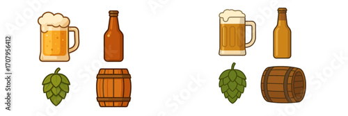 Traditional beer mugs, bottles, hops, and wooden barrels for brewing and alcoholic beverage production