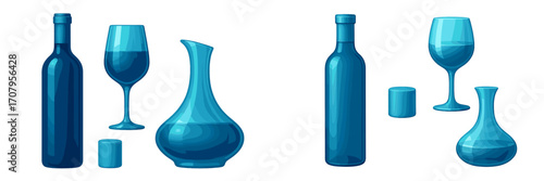 Elegant collection of blue glass bottles, wine glass, and decanter with stopper for various beverages on white