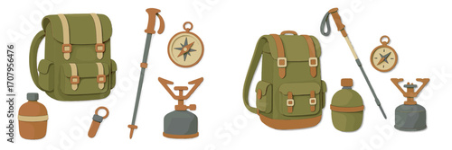 Essential outdoor adventure gear for hiking and camping trips, including backpack, compass, stove, and trekking pole