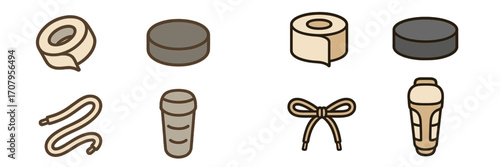 Collection of athletic gear and workout accessories: sports tape, hockey pucks, jump rope, and protein shaker bottle