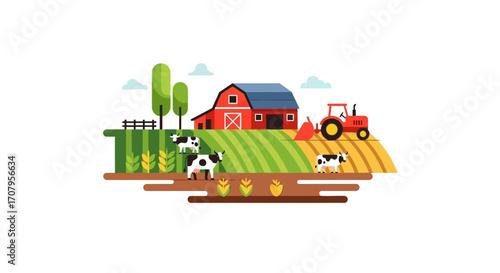 Vibrant Farm Scene with Barn, Cows, and Tractor Illustration.